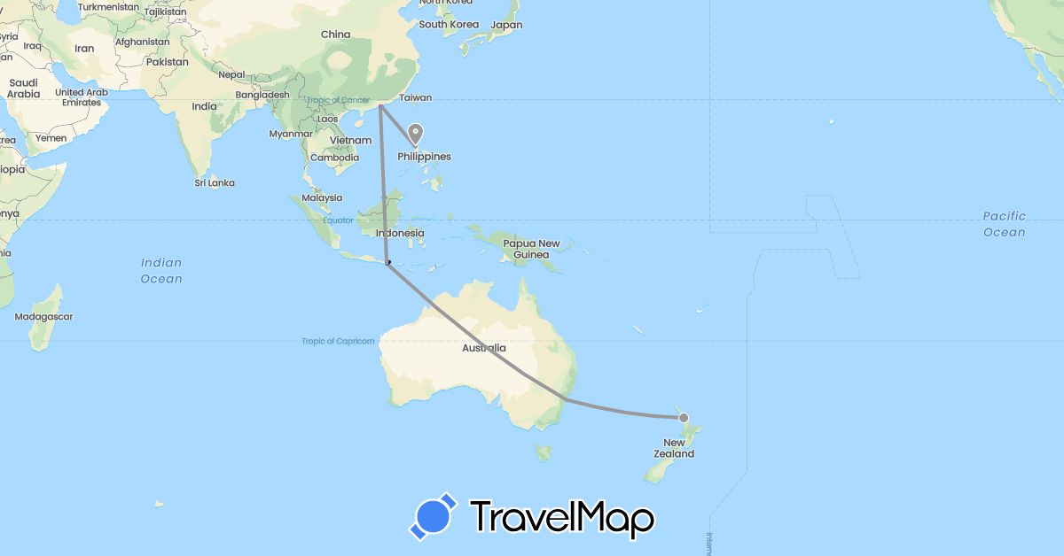 TravelMap itinerary: driving, plane, train, boat, motorbike in Australia, Hong Kong, Indonesia, New Zealand, Philippines (Asia, Oceania)