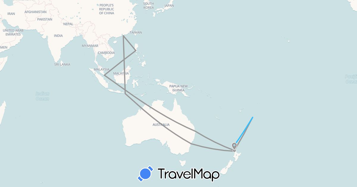 TravelMap itinerary: driving, plane, boat in Australia, Hong Kong, Indonesia, New Zealand, Philippines, Singapore, Tonga (Asia, Oceania)
